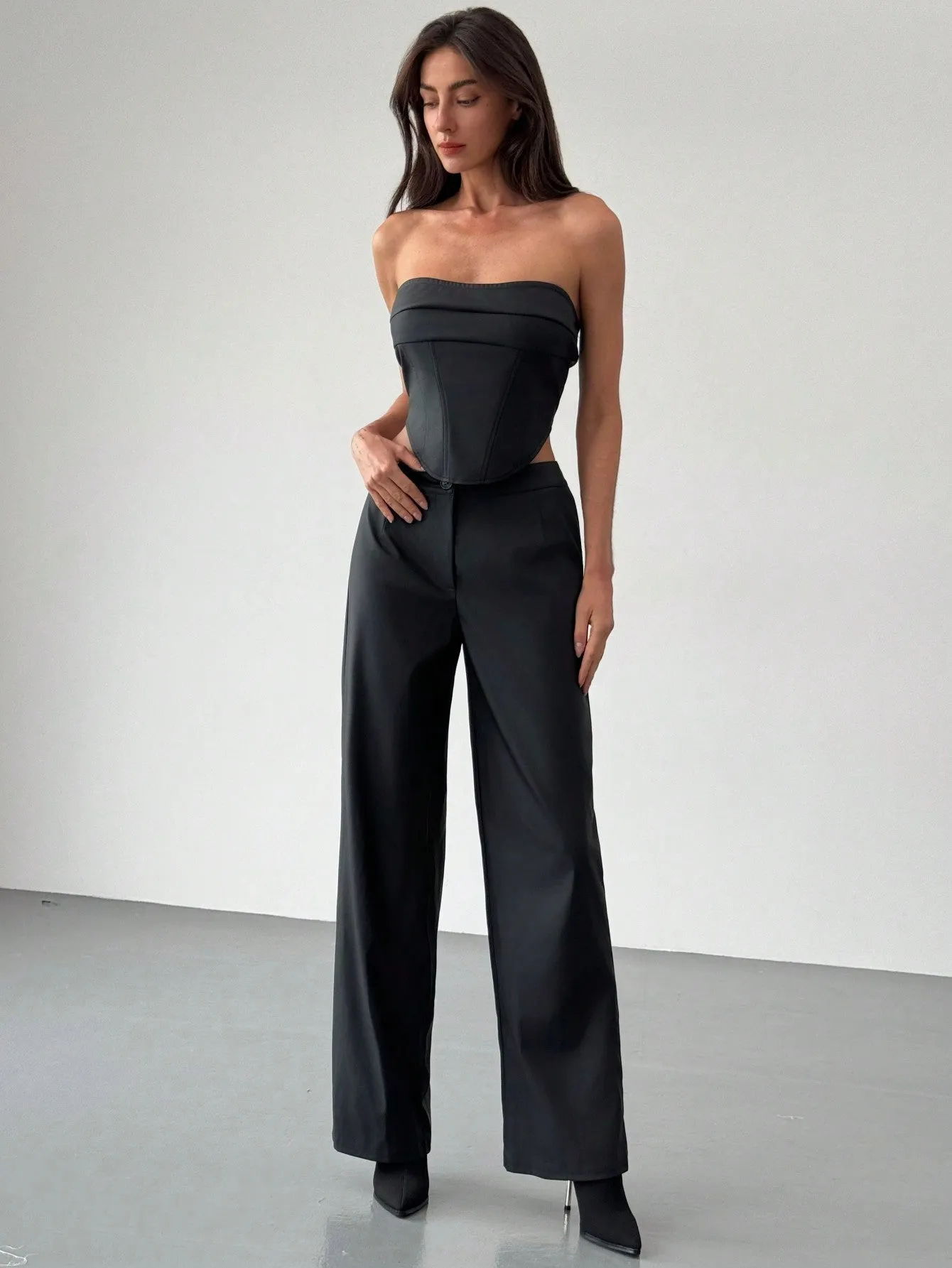 2pcs Set: Fashionable Off-Shoulder Corset-Style Top With Criss-Cross Back Strap And High-Waist Straight Leg Pants For Women