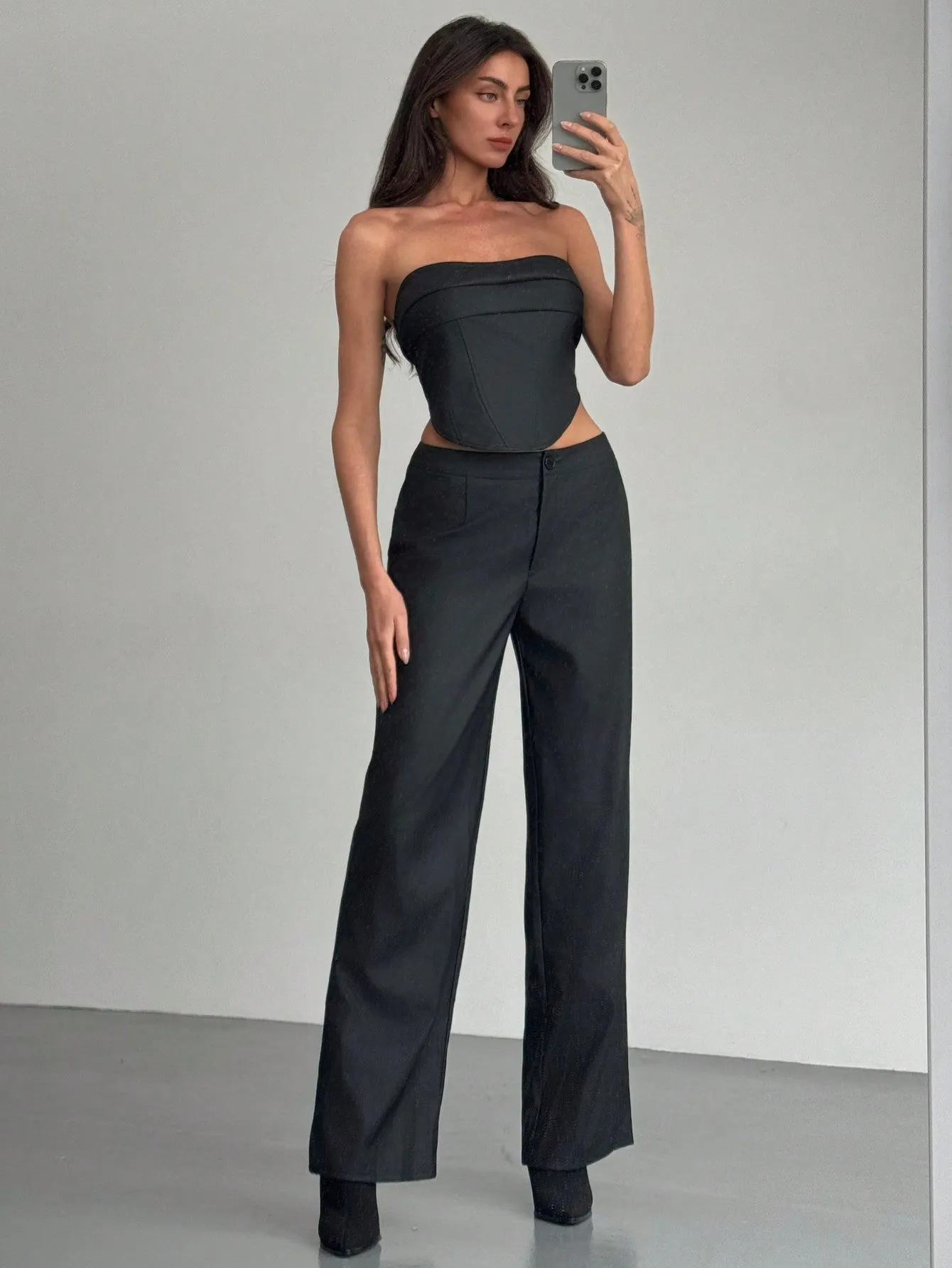 2pcs Set: Fashionable Off-Shoulder Corset-Style Top With Criss-Cross Back Strap And High-Waist Straight Leg Pants For Women