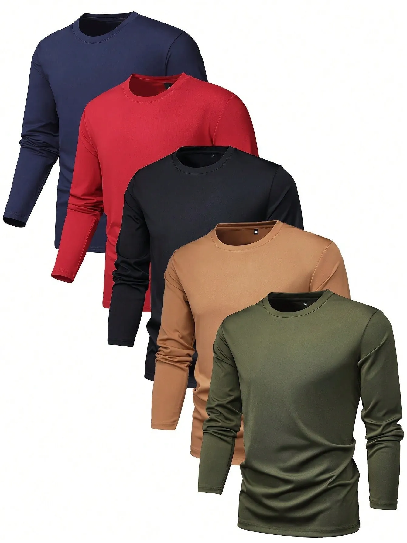 5pcs Men's Regular Fit Long Sleeve T-Shirts, Basic Solid Color, Casual/Sports/Outdoor