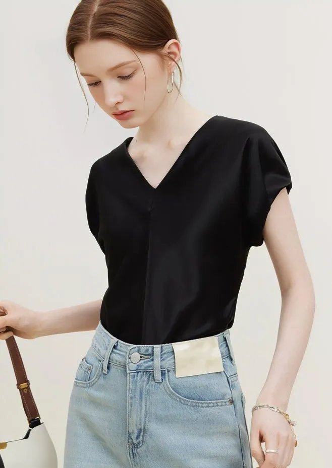 ACETATE SHOULDER V-NECK TOP