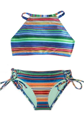 Baja Soul - 2 Piece Halter Top Style Striped Swimsuit SET