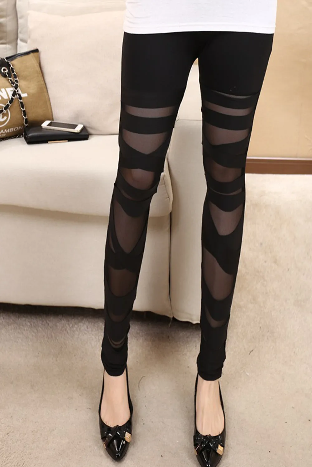 Black Criss Cross Mesh Insert High Waist Skinny Leggings