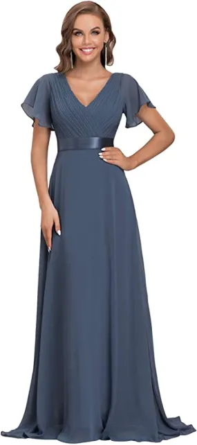 Blue Women's Short Sleeve V-Neck Long Evening Dress - Ever Pretty