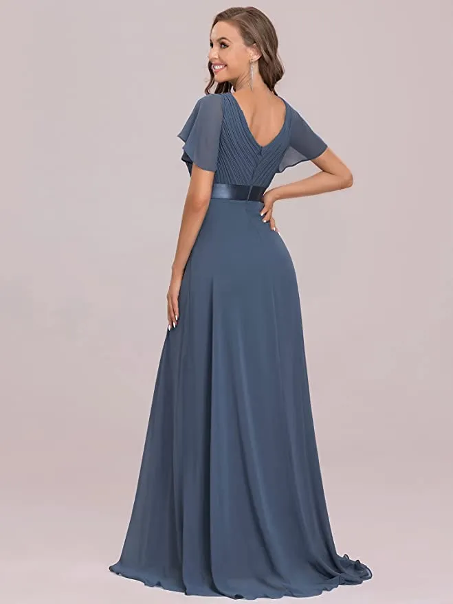 Blue Women's Short Sleeve V-Neck Long Evening Dress - Ever Pretty