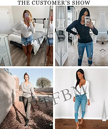 BTFBM Women Long Sleeve V Neck Button Up Solid Tops Blouses Trendy Slim Fit Lace Sleeves Ribbed Knit Casual Shirts Tunic (Solid Dark Grey Blue, Medium)