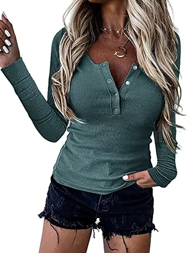 BTFBM Women Long Sleeve V Neck Button Up Solid Tops Blouses Trendy Slim Fit Lace Sleeves Ribbed Knit Casual Shirts Tunic (Solid Dark Grey Blue, Medium)