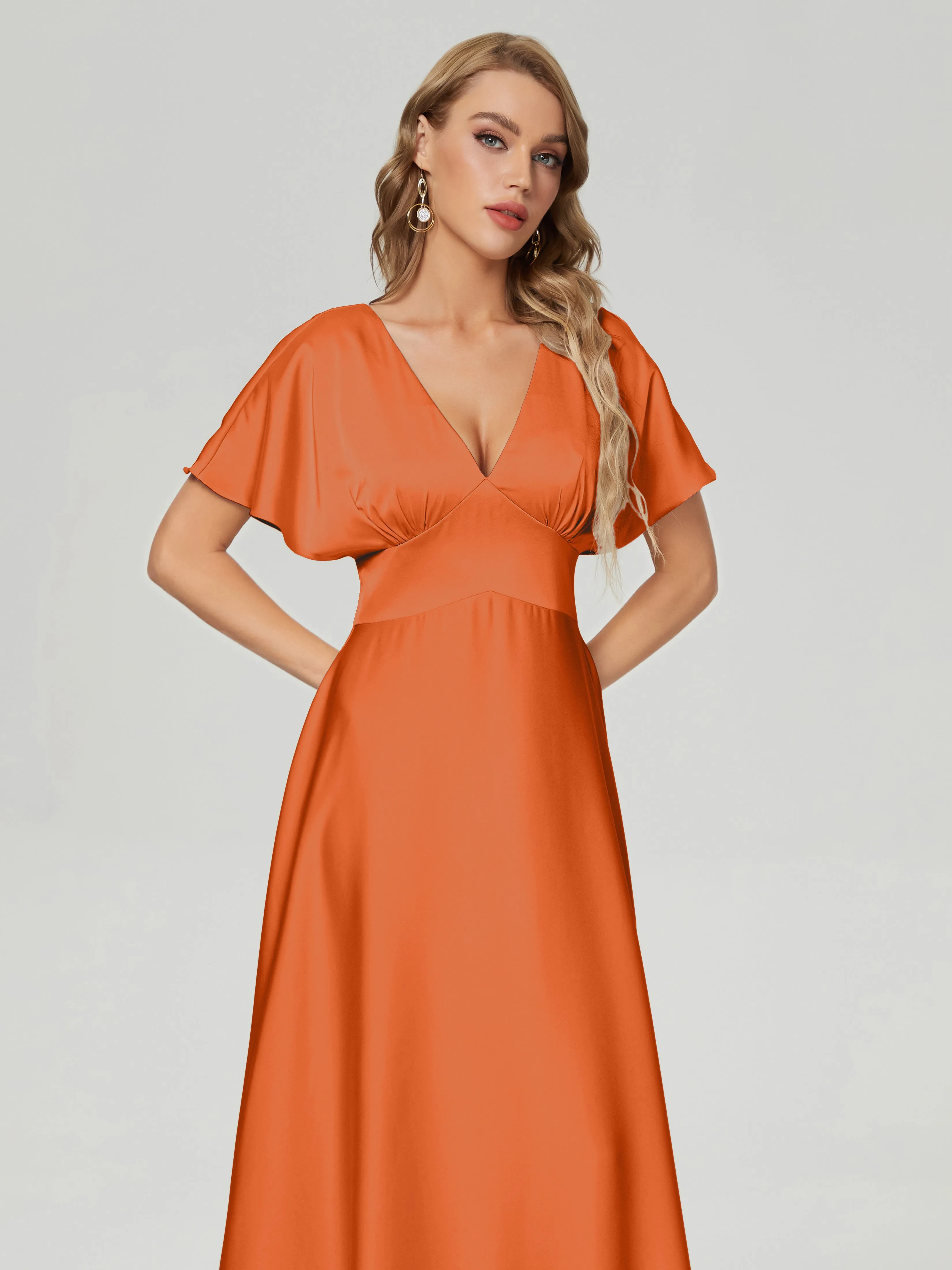 Burnt Orange Bridesmaid Dresses Ariah Modest V Neck Short Sleeves Soft Satin Dresses