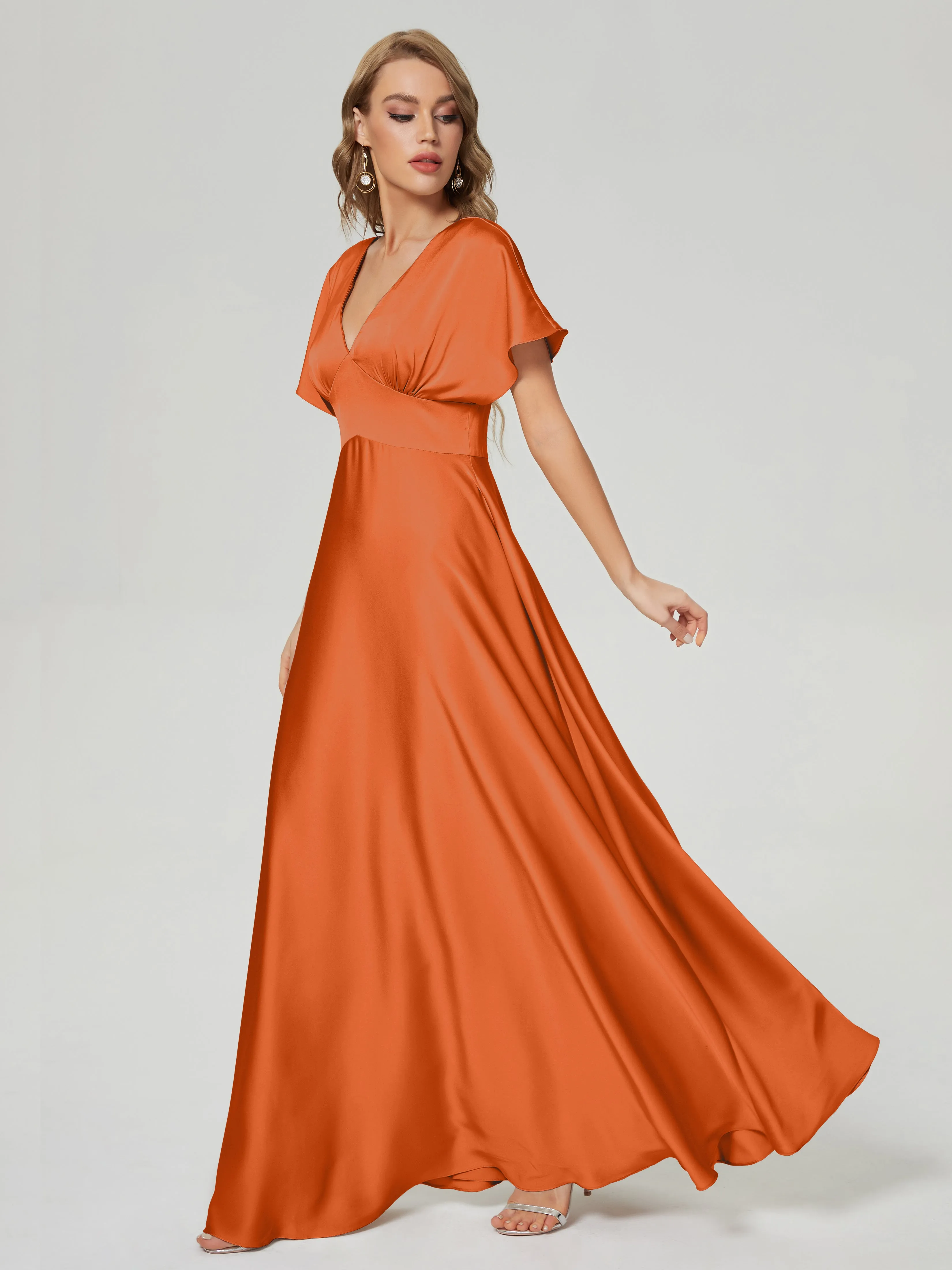 Burnt Orange Bridesmaid Dresses Ariah Modest V Neck Short Sleeves Soft Satin Dresses