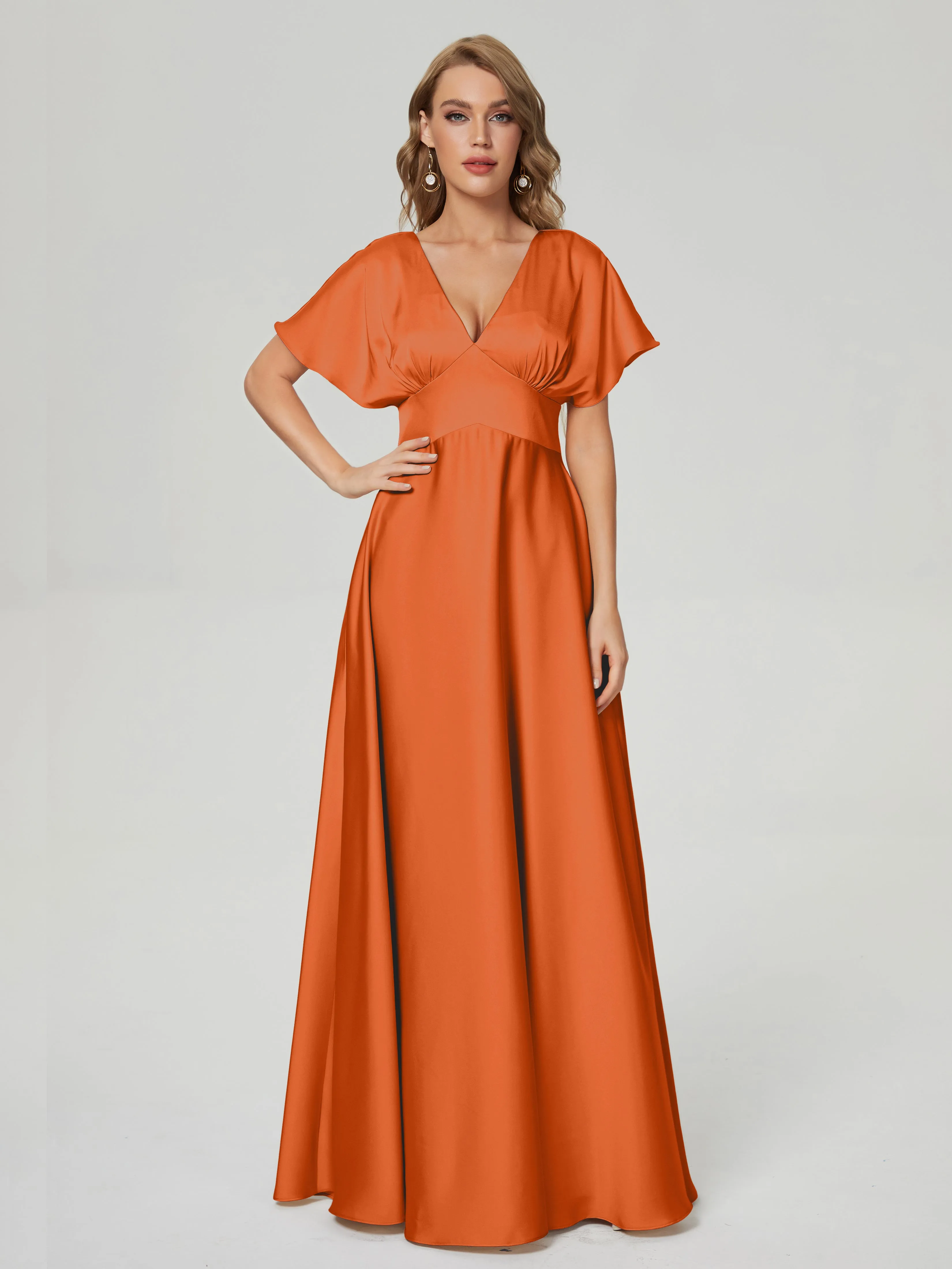 Burnt Orange Bridesmaid Dresses Ariah Modest V Neck Short Sleeves Soft Satin Dresses