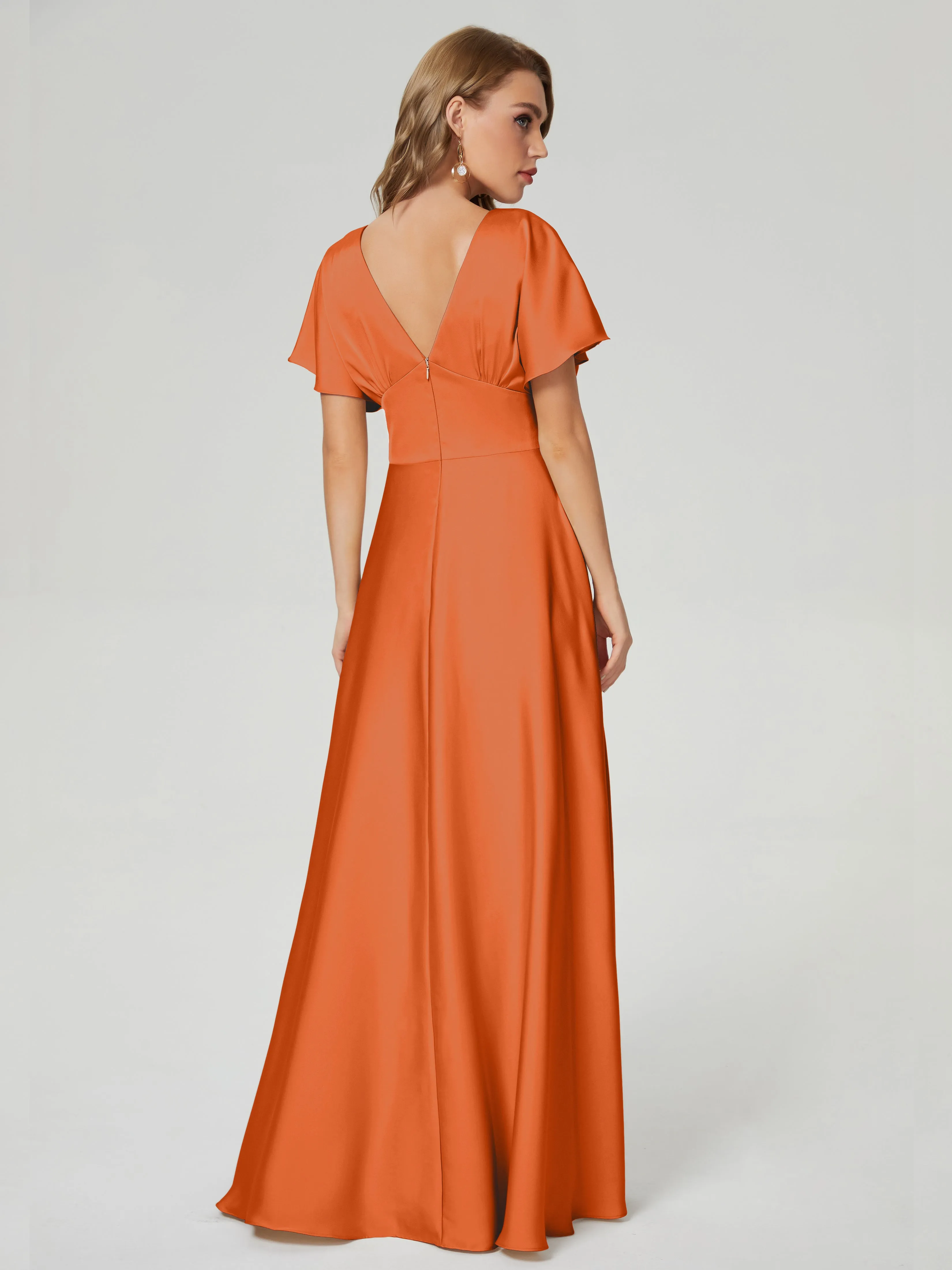 Burnt Orange Bridesmaid Dresses Ariah Modest V Neck Short Sleeves Soft Satin Dresses