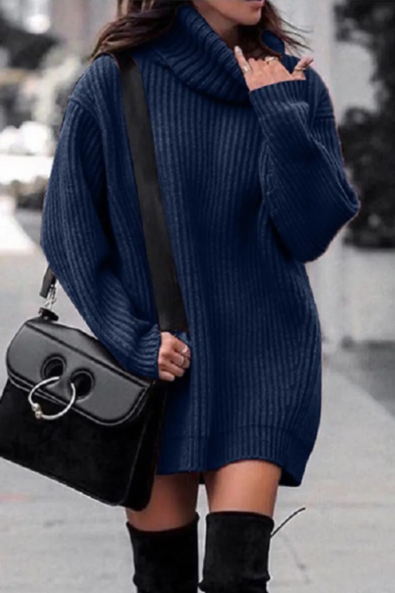 Casual & Stylish Classic Solid Split Joint Basic Turtleneck Dresses