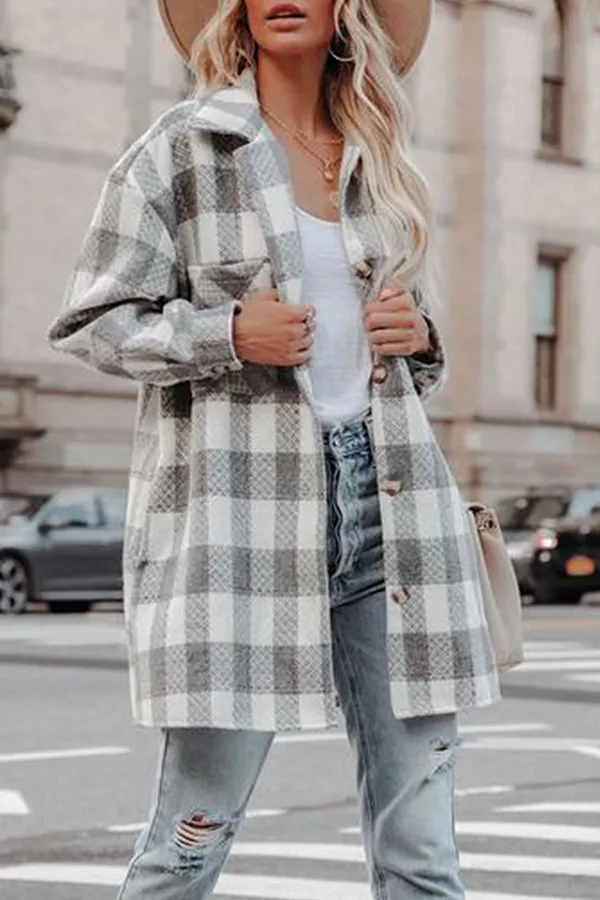 Casual & Stylish Elegant & Stylish Plaid Pocket Buckle Turndown Collar Outerwear