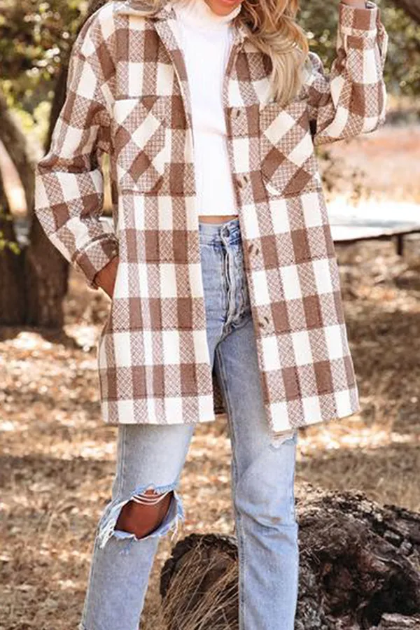 Casual & Stylish Elegant & Stylish Plaid Pocket Buckle Turndown Collar Outerwear