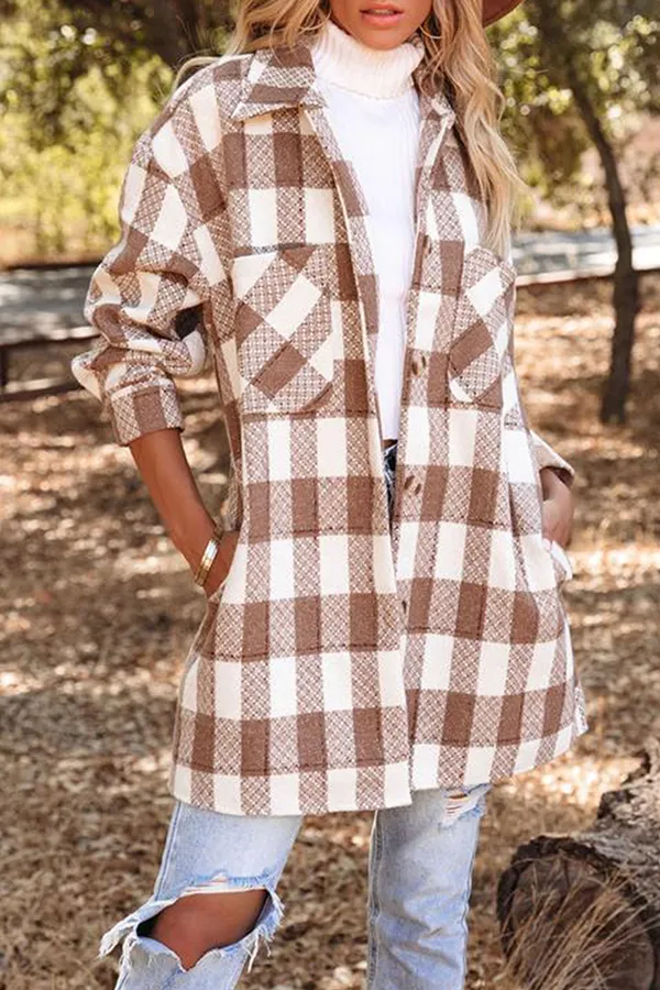 Casual & Stylish Elegant & Stylish Plaid Pocket Buckle Turndown Collar Outerwear