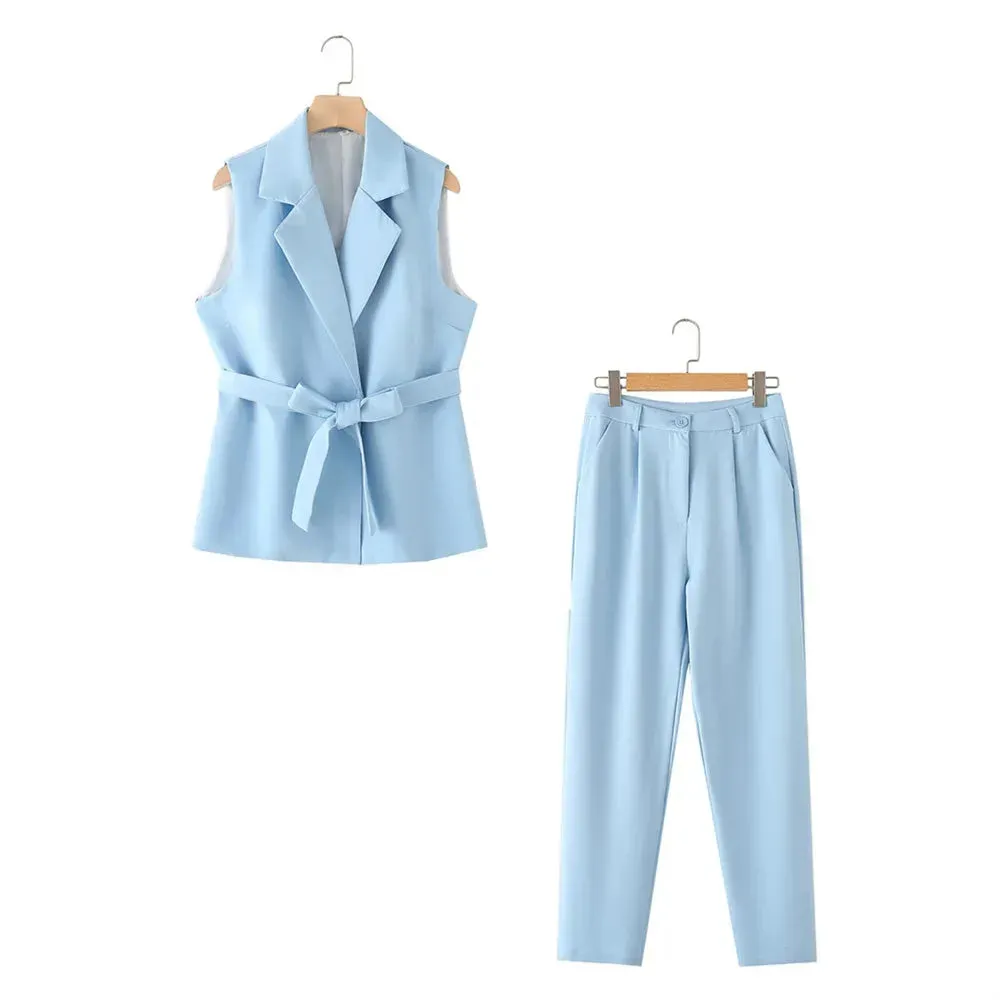 Chic Western Belted Vest-Pants Suit