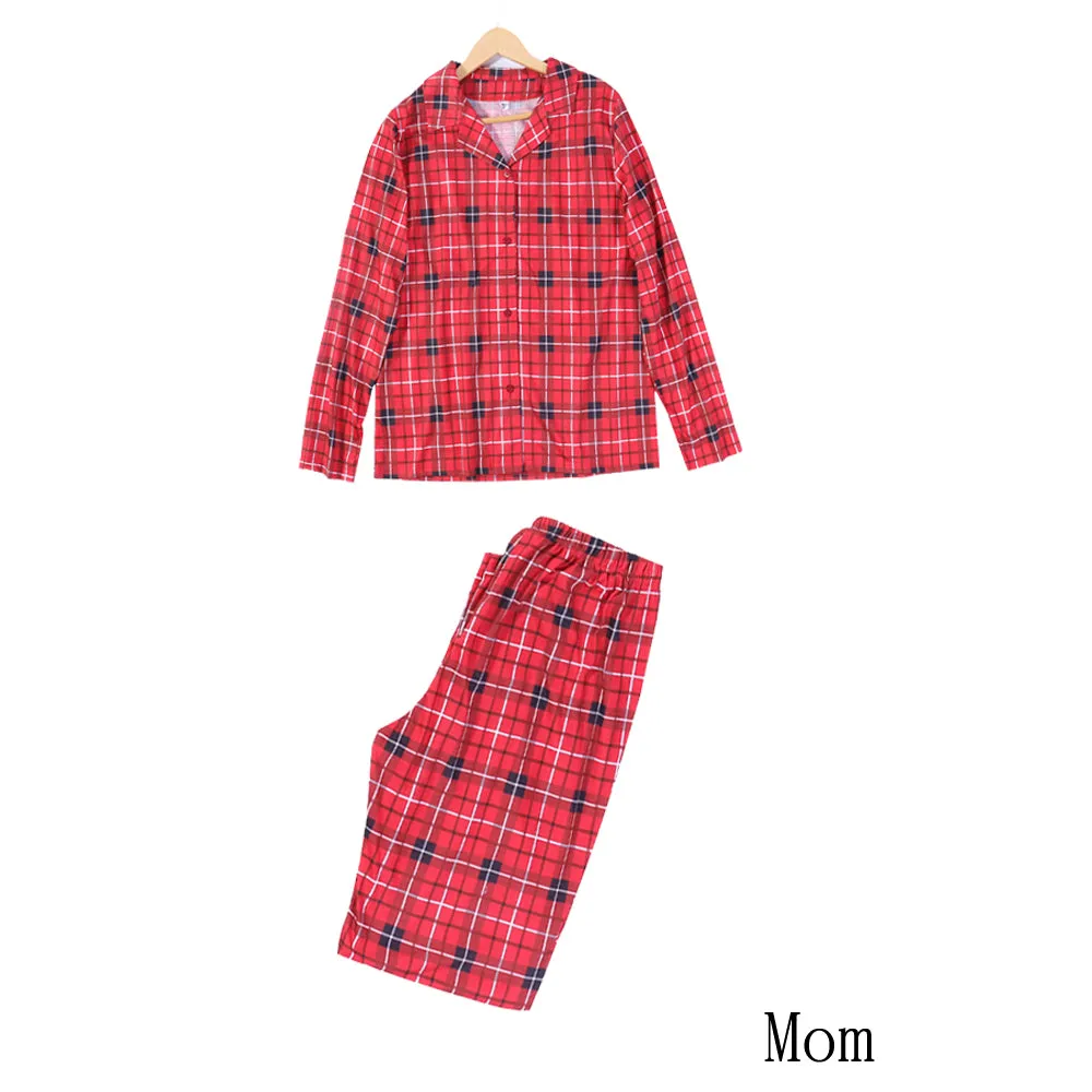 Christmas Family Matching Red Plaid Button Up Long-sleeve Pajamas Sets With Dog