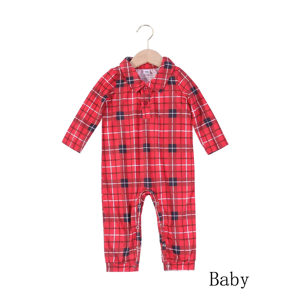 Christmas Family Matching Red Plaid Button Up Long-sleeve Pajamas Sets With Dog