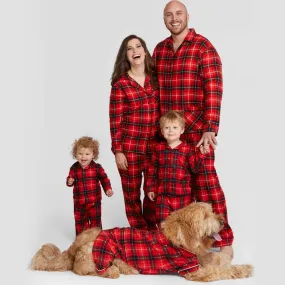 Christmas Family Matching Red Plaid Button Up Long-sleeve Pajamas Sets With Dog