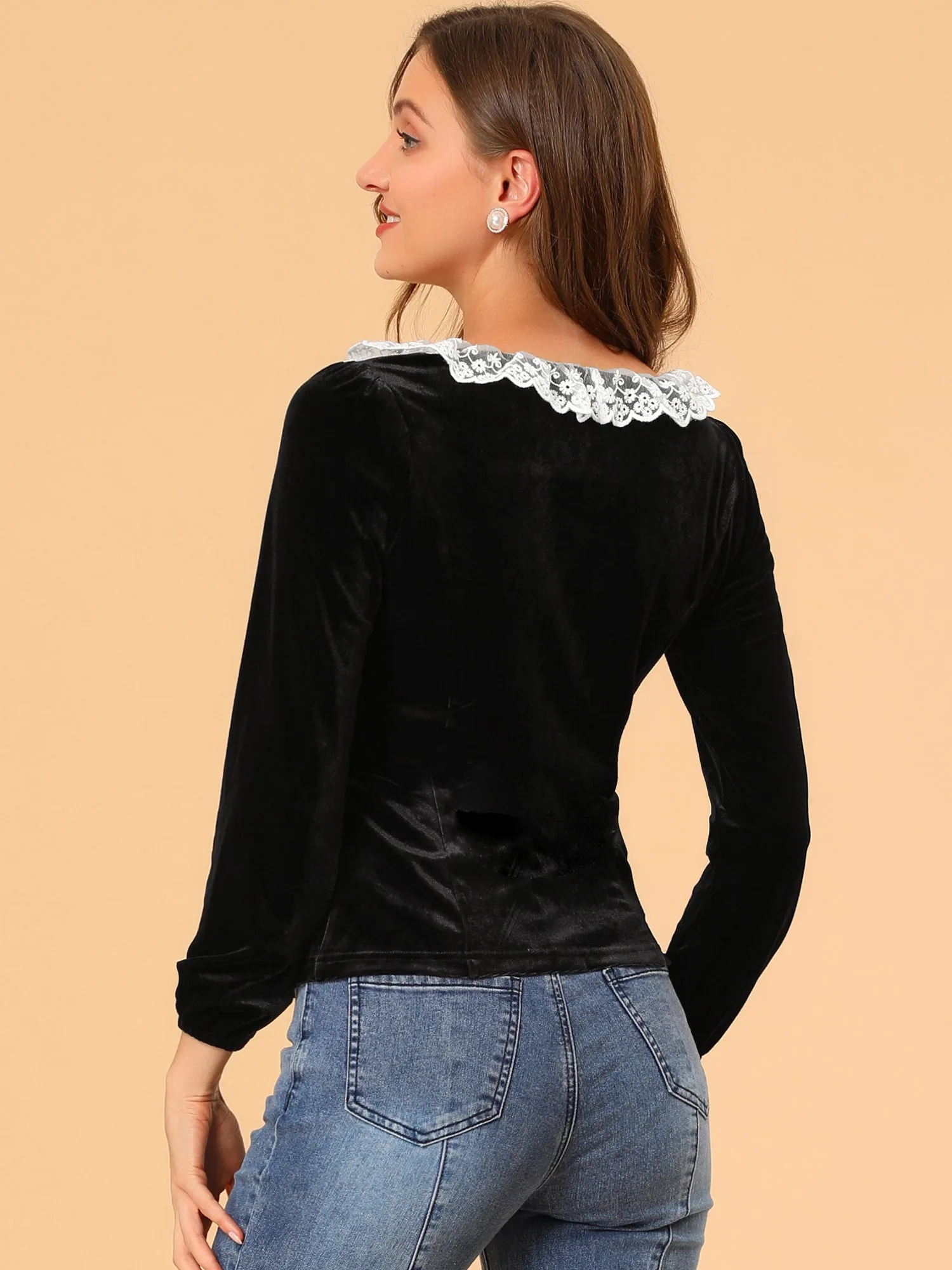 Contrast Color Slim Fit Long Sleeve Velvet Top