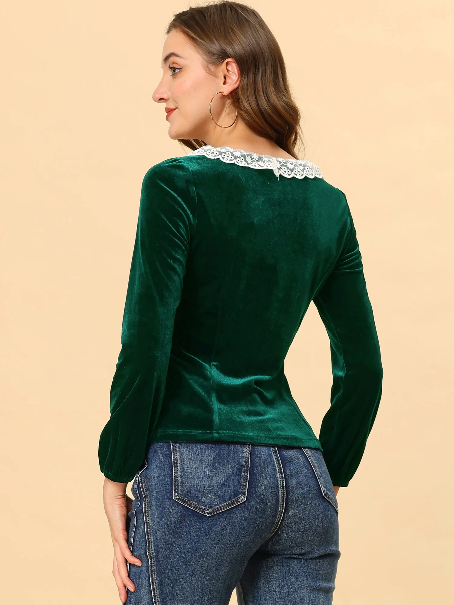 Contrast Color Slim Fit Long Sleeve Velvet Top