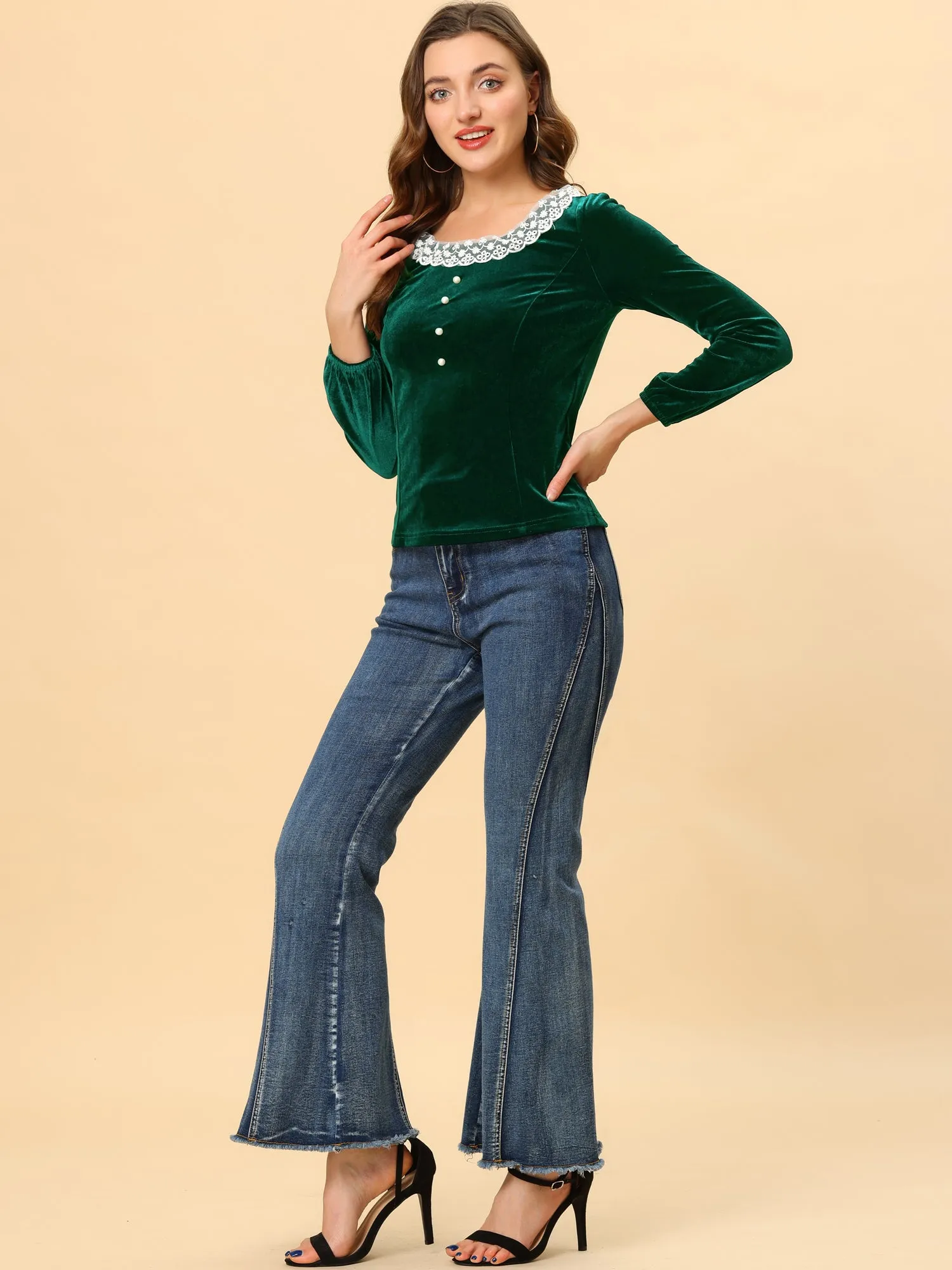 Contrast Color Slim Fit Long Sleeve Velvet Top