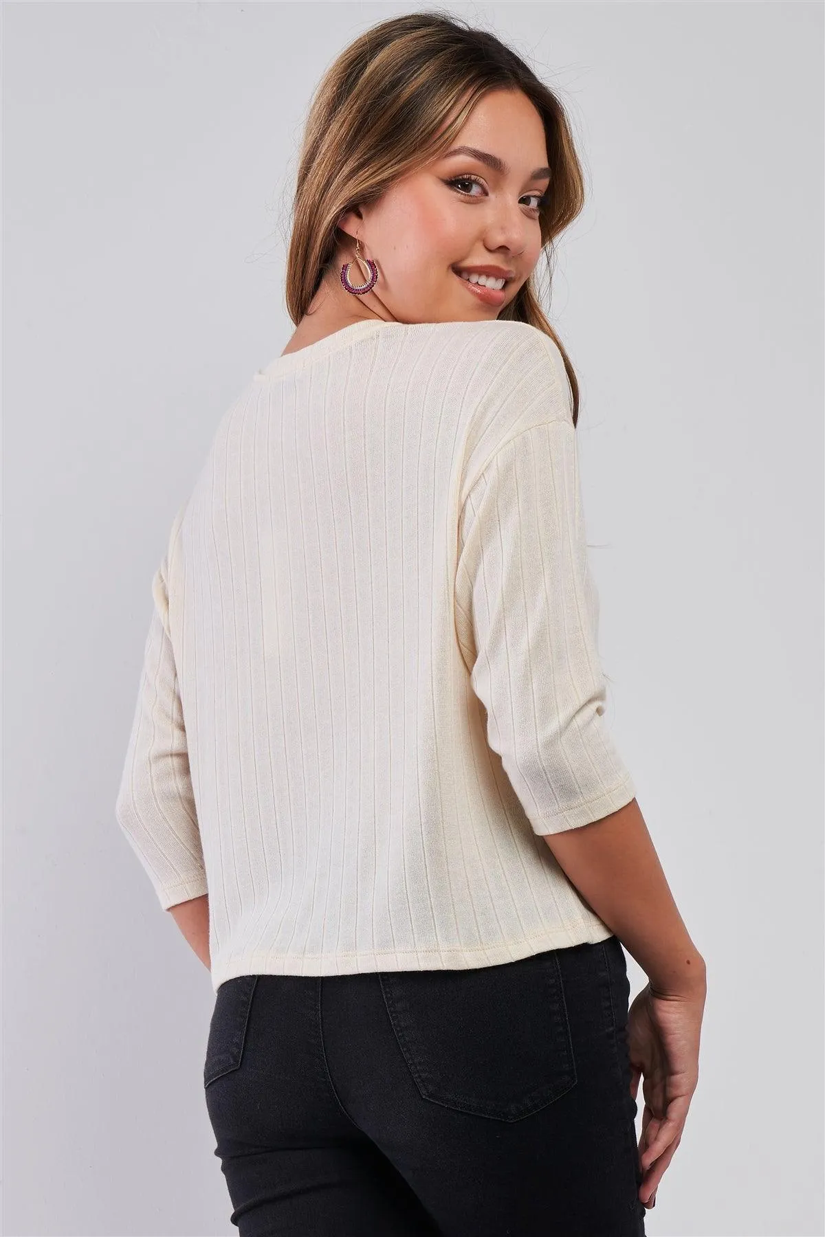 Cream Midi Sleeve Crew Neck Knit Sweater /2-2-2