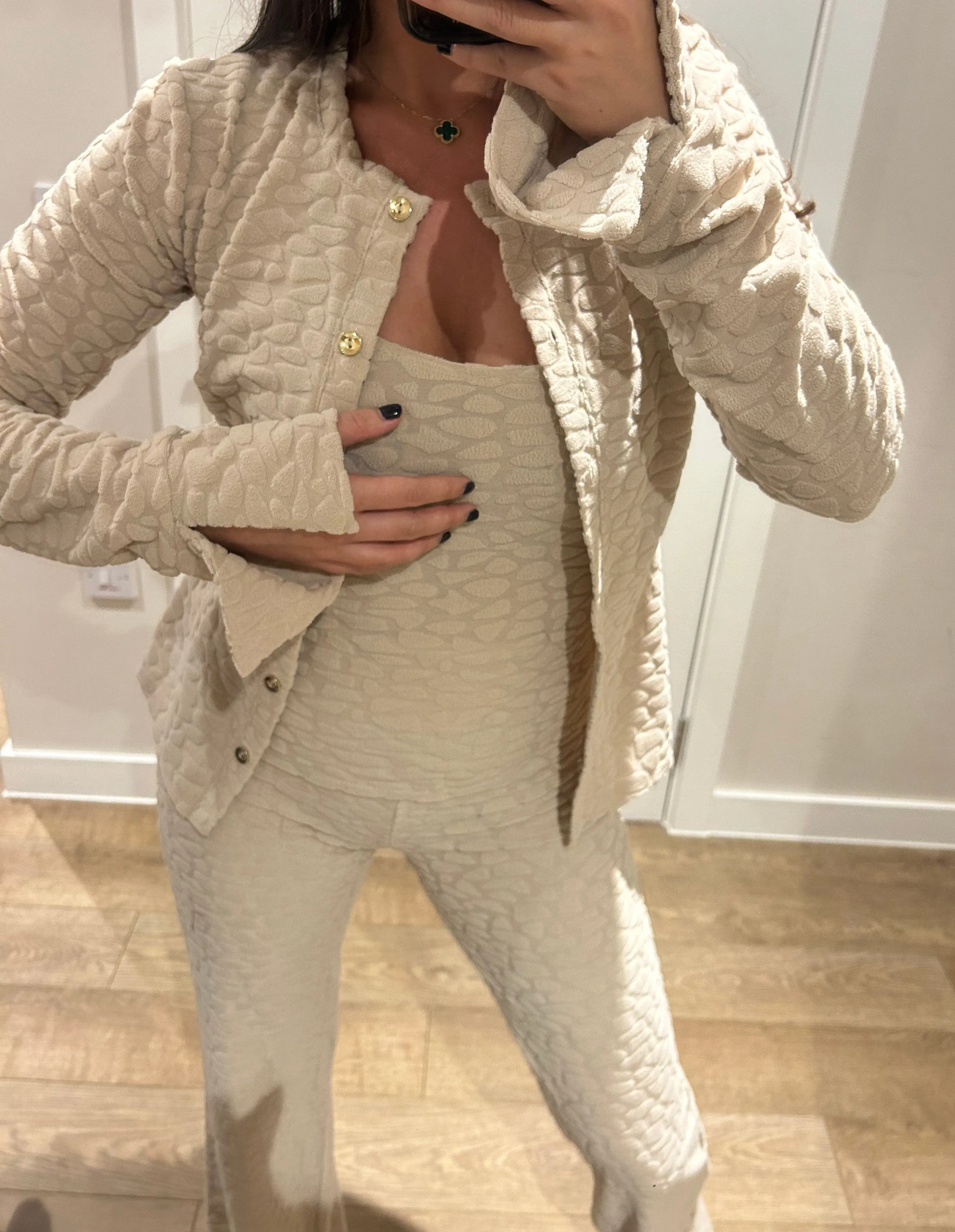 Cream Terry Towelling Pebble Print Cardigan Lounge Suit