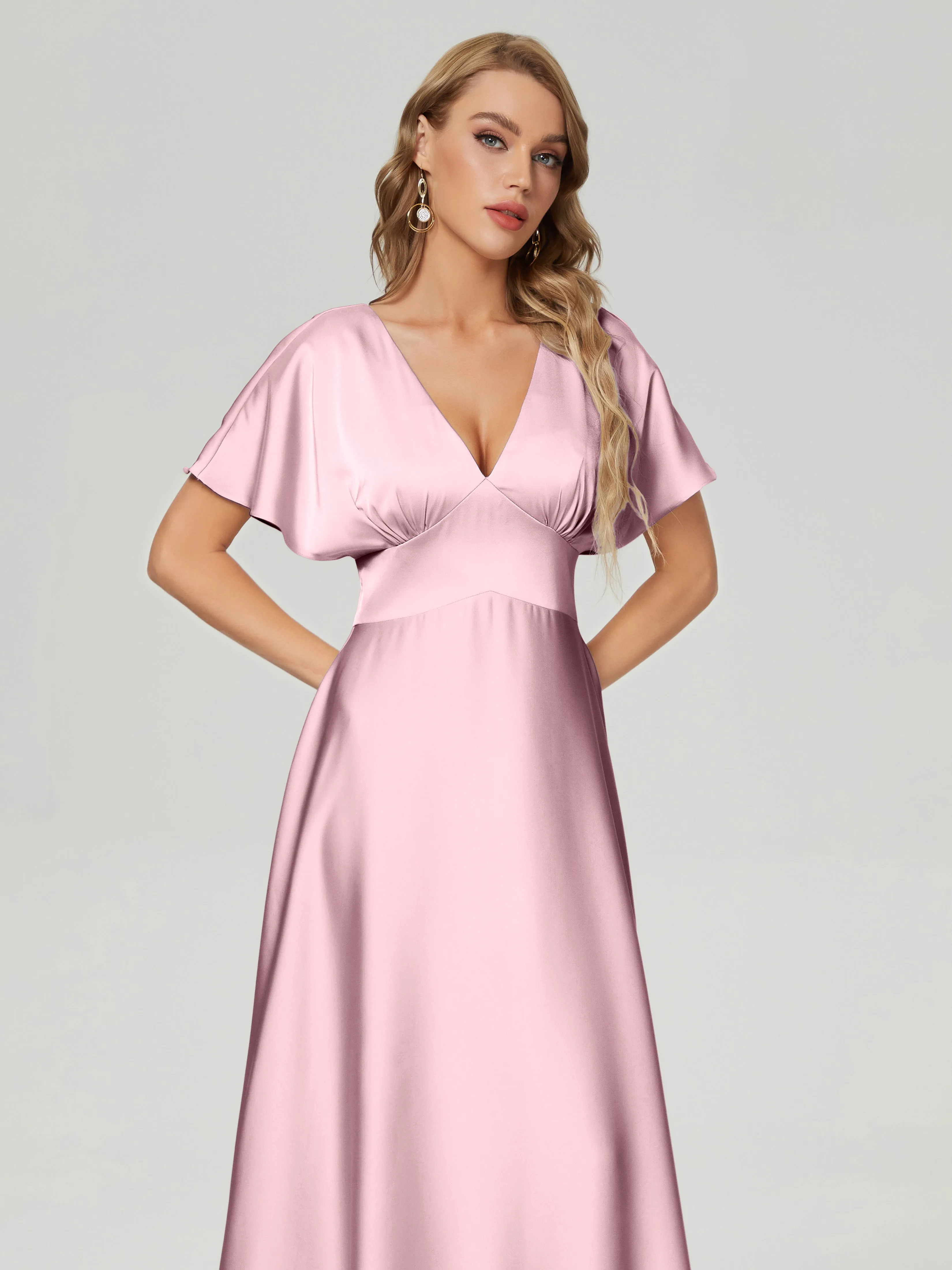 Dusty Rose Bridesmaid Dresses Ariah Modest V Neck Short Sleeves Soft Satin Dresses