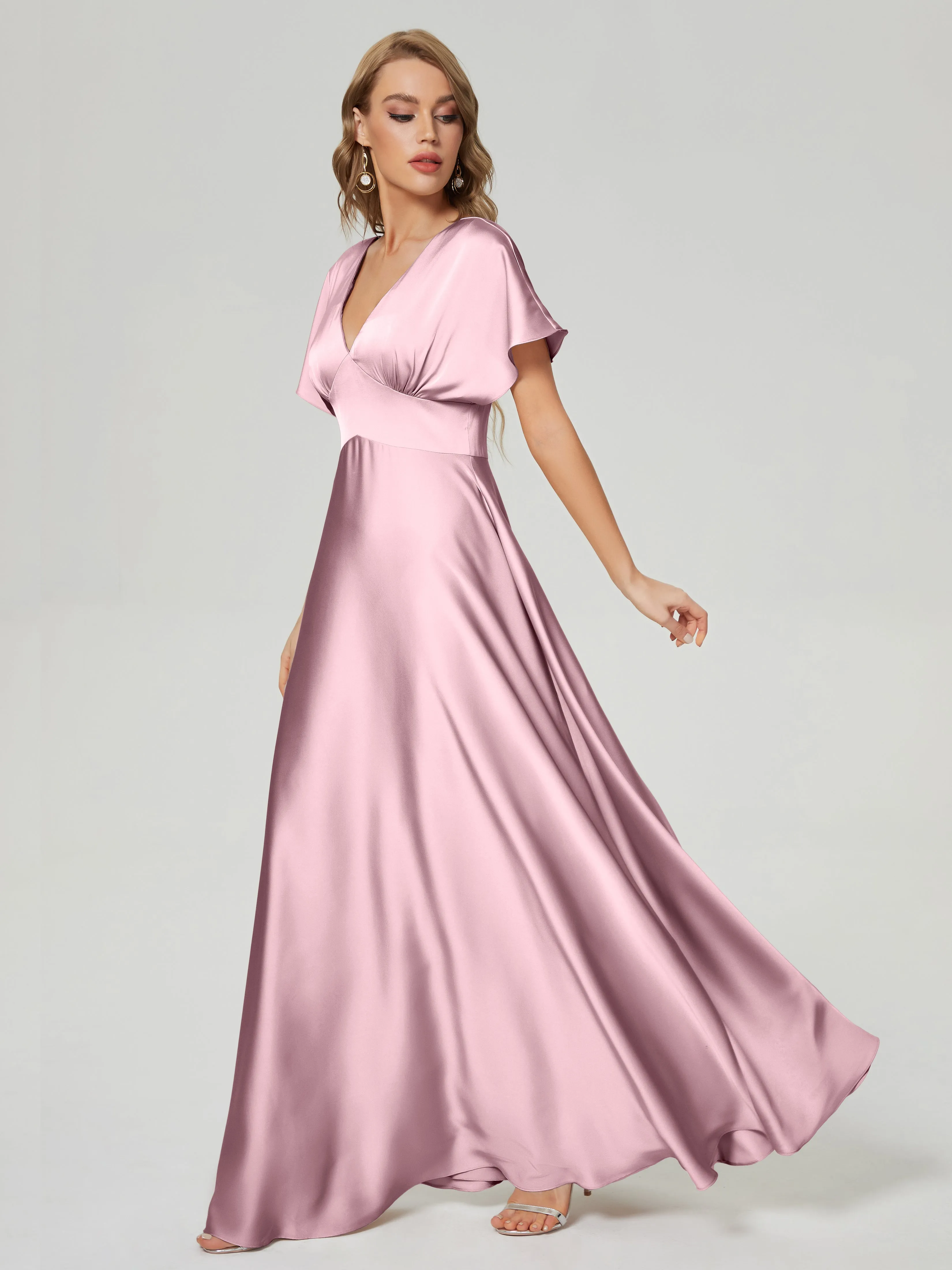 Dusty Rose Bridesmaid Dresses Ariah Modest V Neck Short Sleeves Soft Satin Dresses