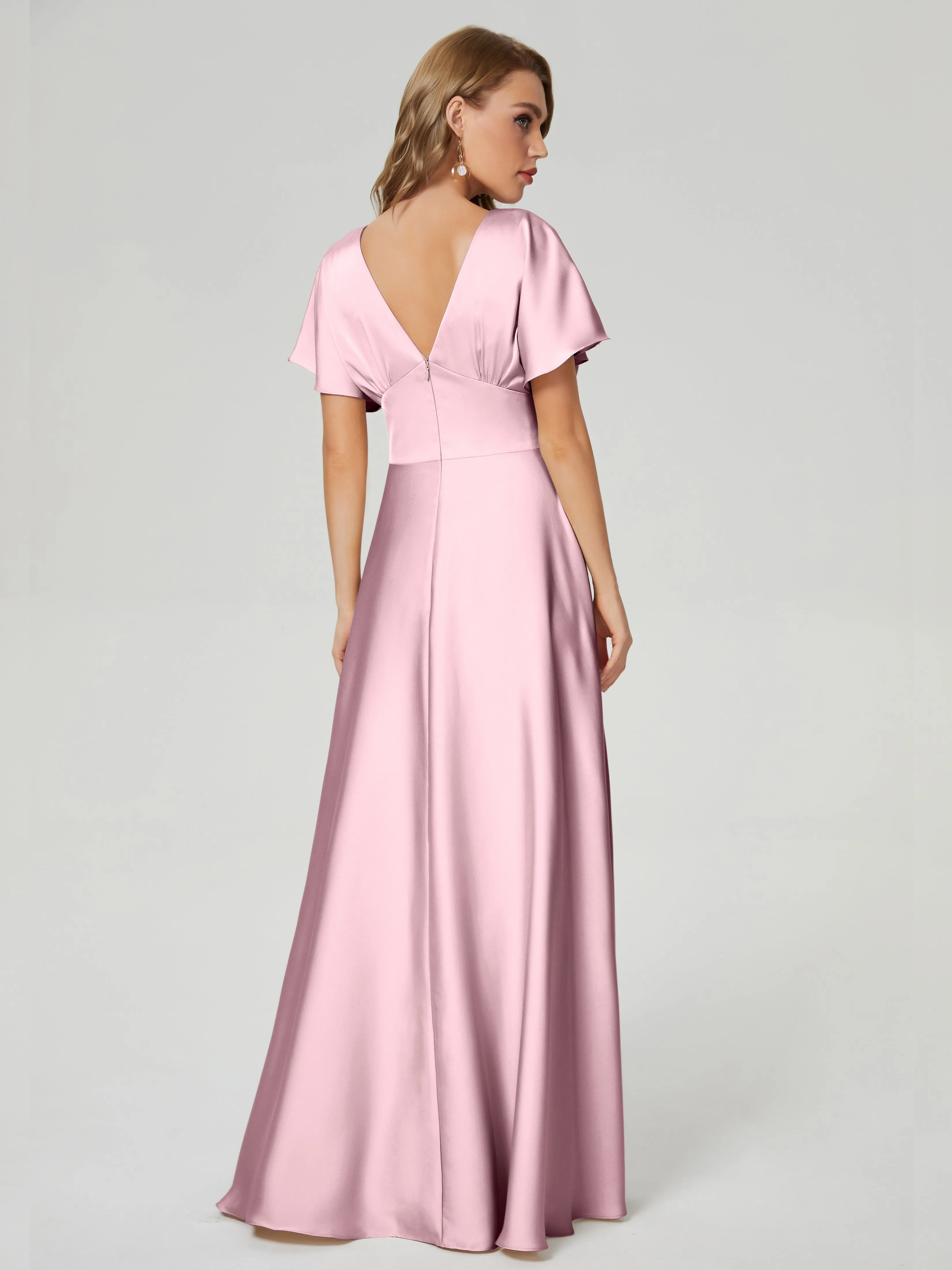 Dusty Rose Bridesmaid Dresses Ariah Modest V Neck Short Sleeves Soft Satin Dresses