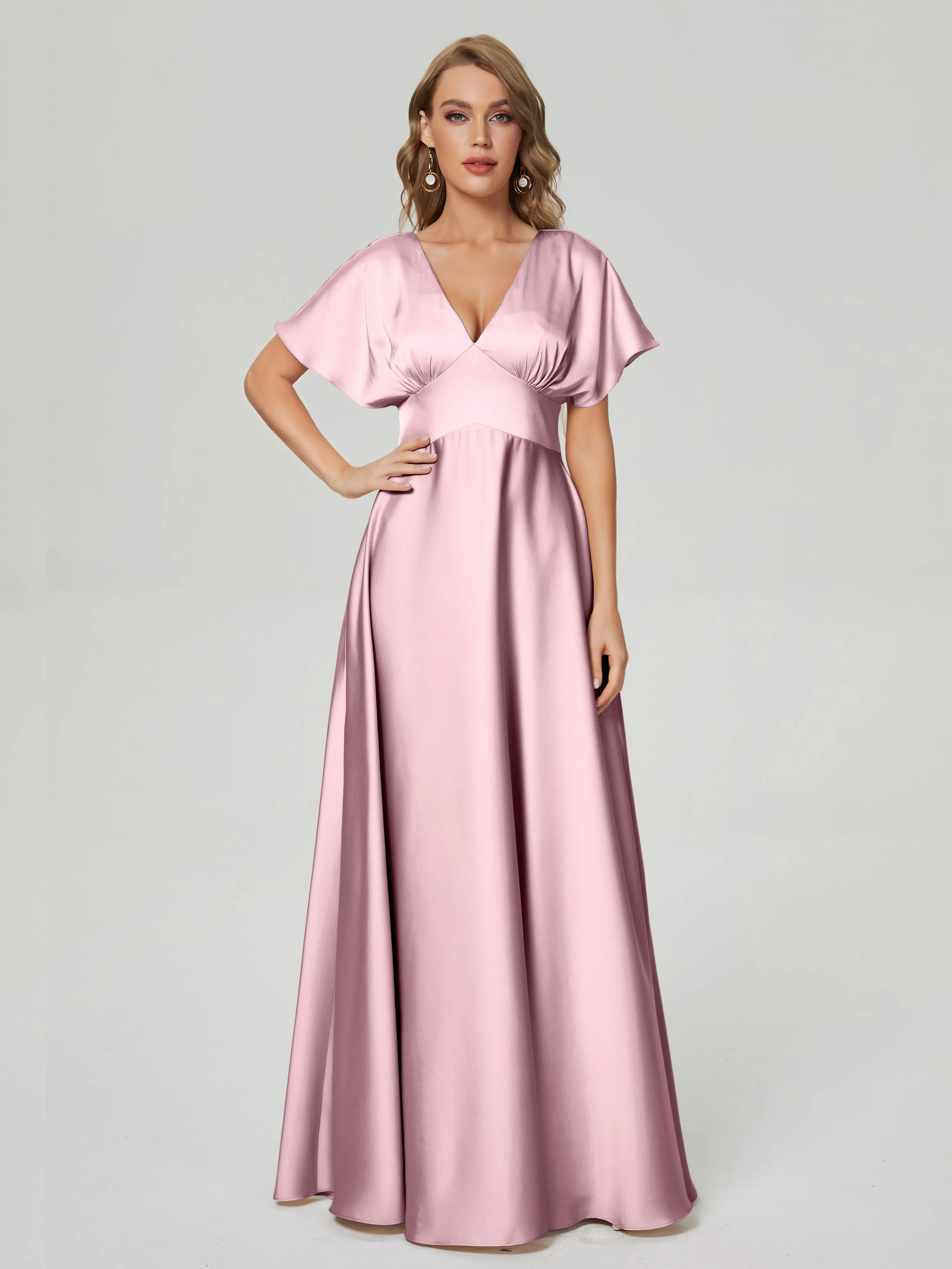 Dusty Rose Bridesmaid Dresses Ariah Modest V Neck Short Sleeves Soft Satin Dresses