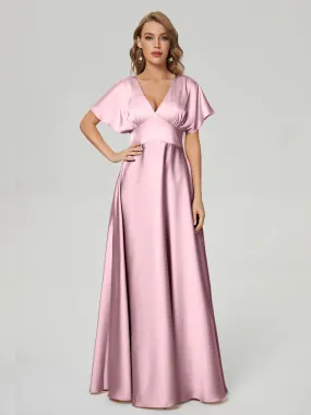 Dusty Rose Bridesmaid Dresses Ariah Modest V Neck Short Sleeves Soft Satin Dresses