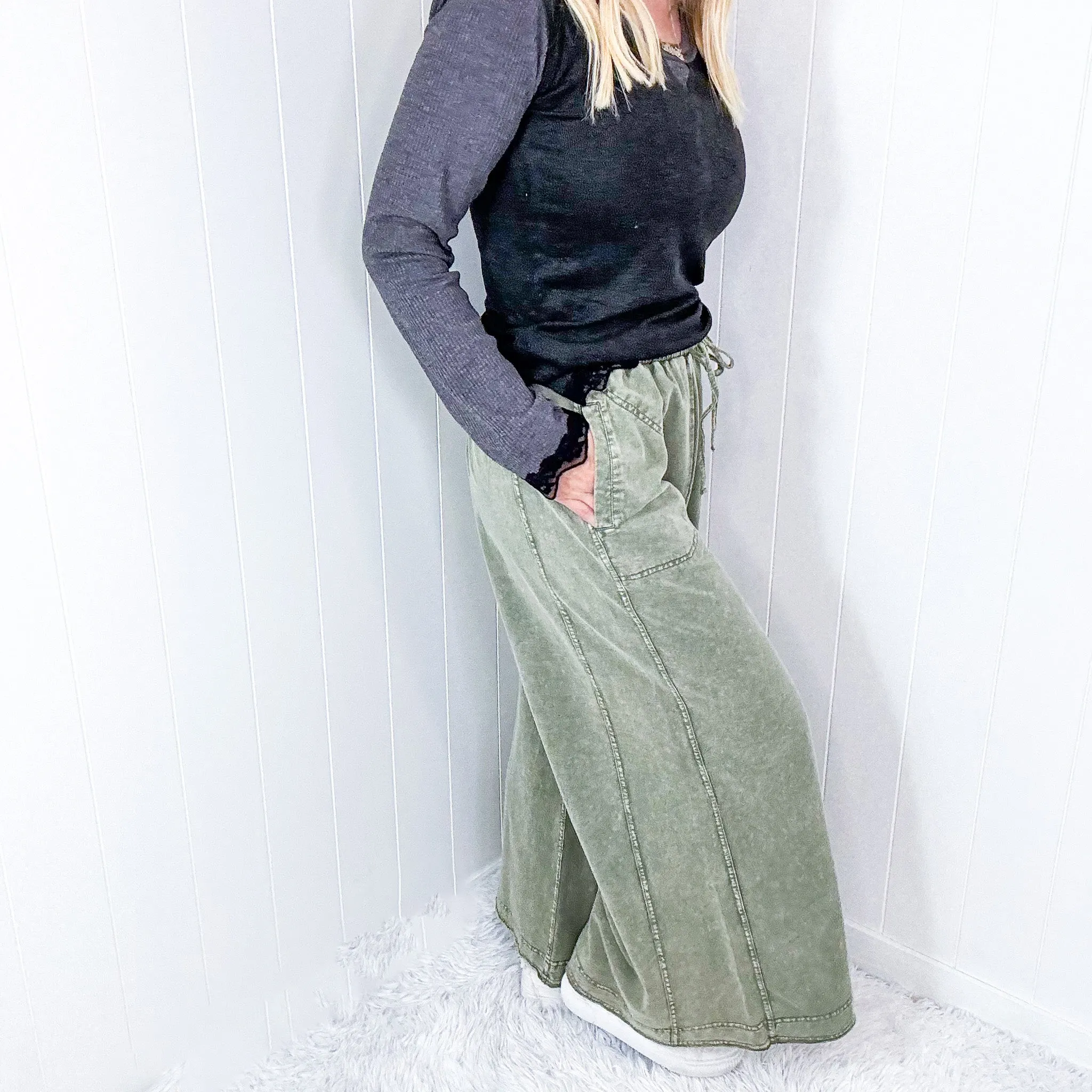 Easy Breeze Mineral Washed Terry Knit Wide Leg Palazzo Pants In 2 Options