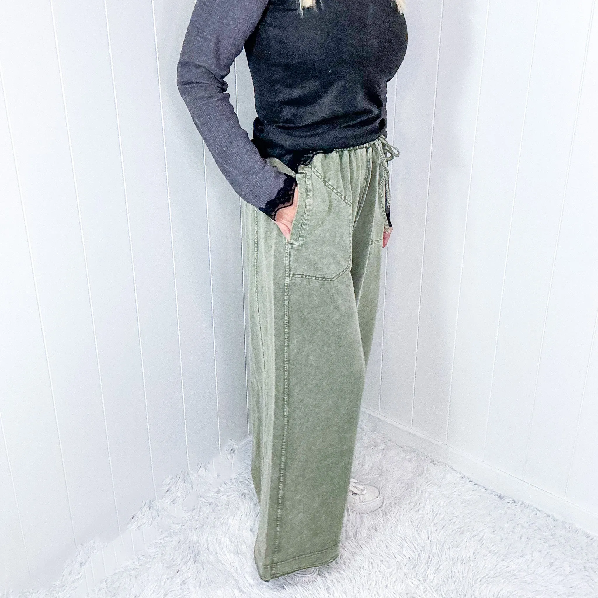 Easy Breeze Mineral Washed Terry Knit Wide Leg Palazzo Pants In 2 Options