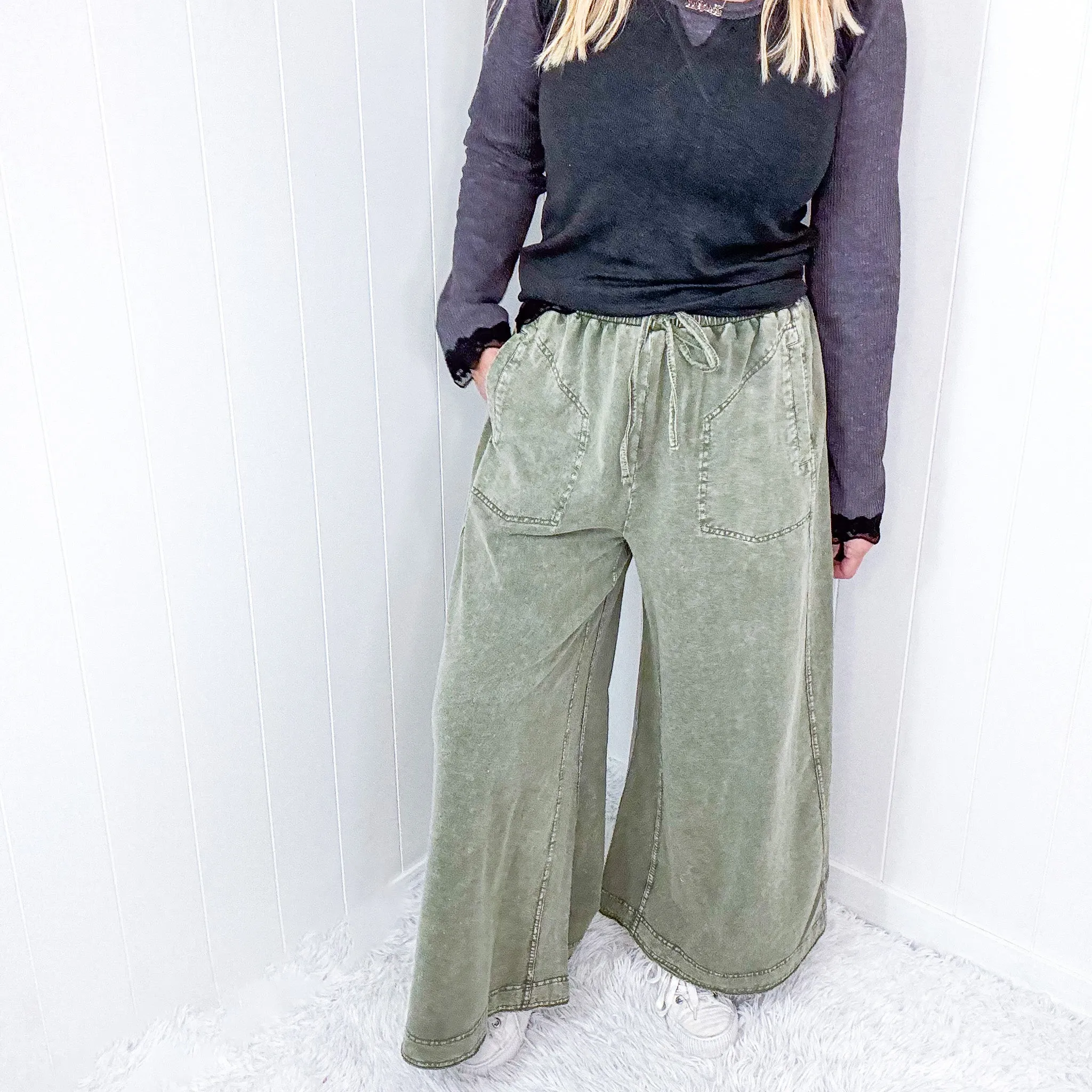 Easy Breeze Mineral Washed Terry Knit Wide Leg Palazzo Pants In 2 Options