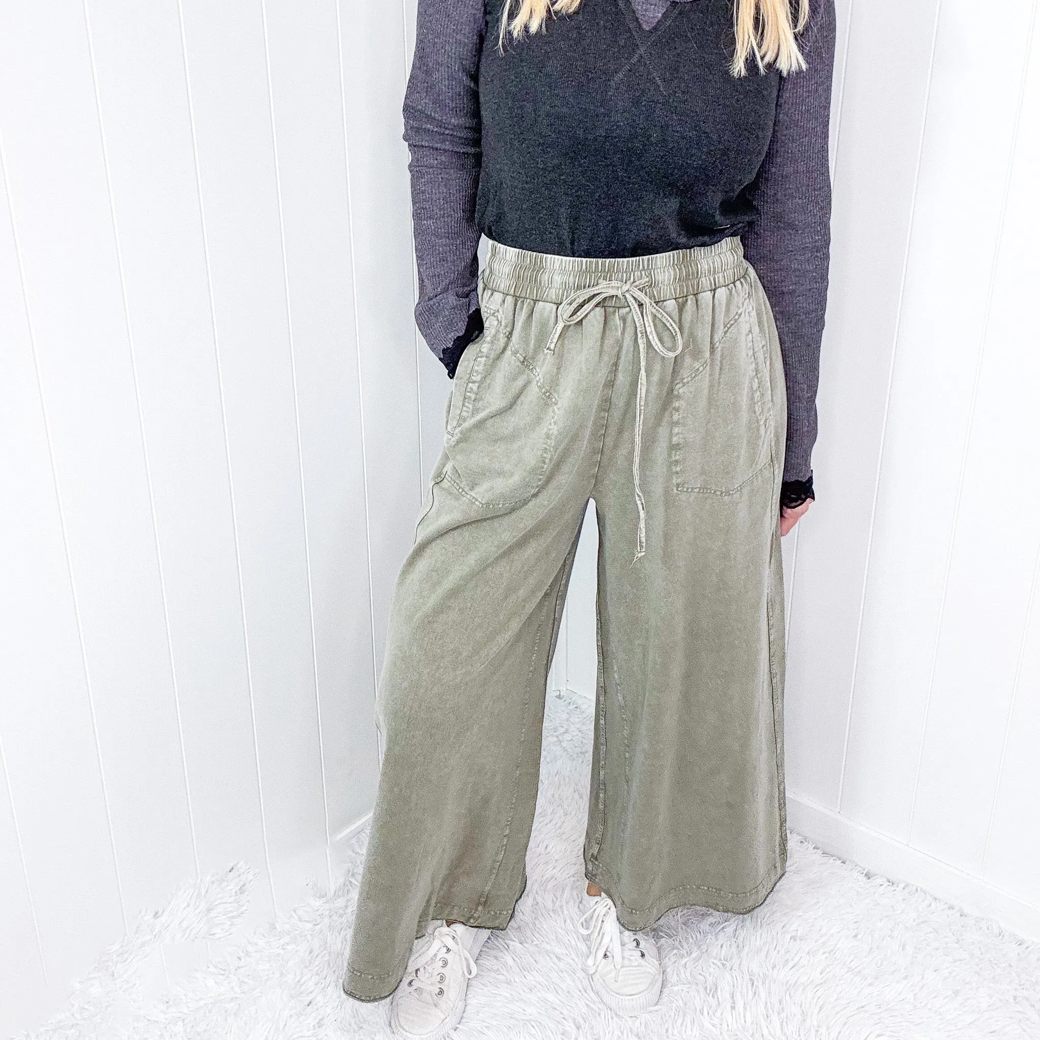 Easy Breeze Mineral Washed Terry Knit Wide Leg Palazzo Pants In 2 Options