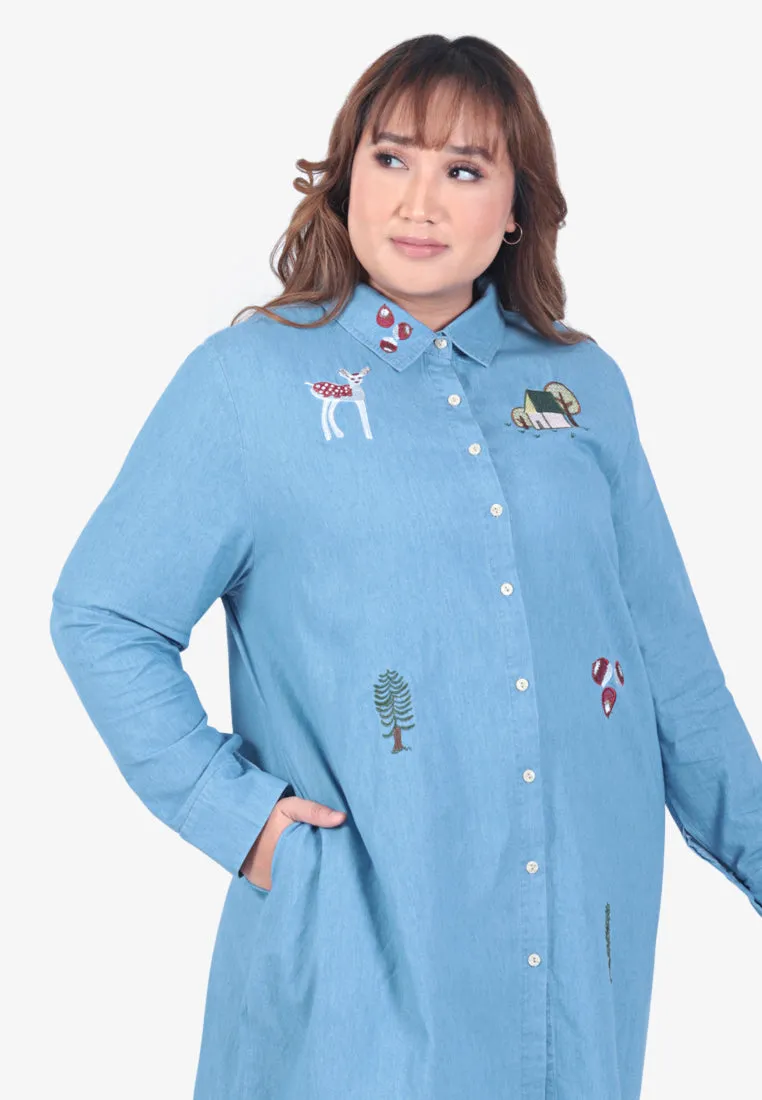 Eloise Quirky Embroidery Denim Shirt - Light Blue