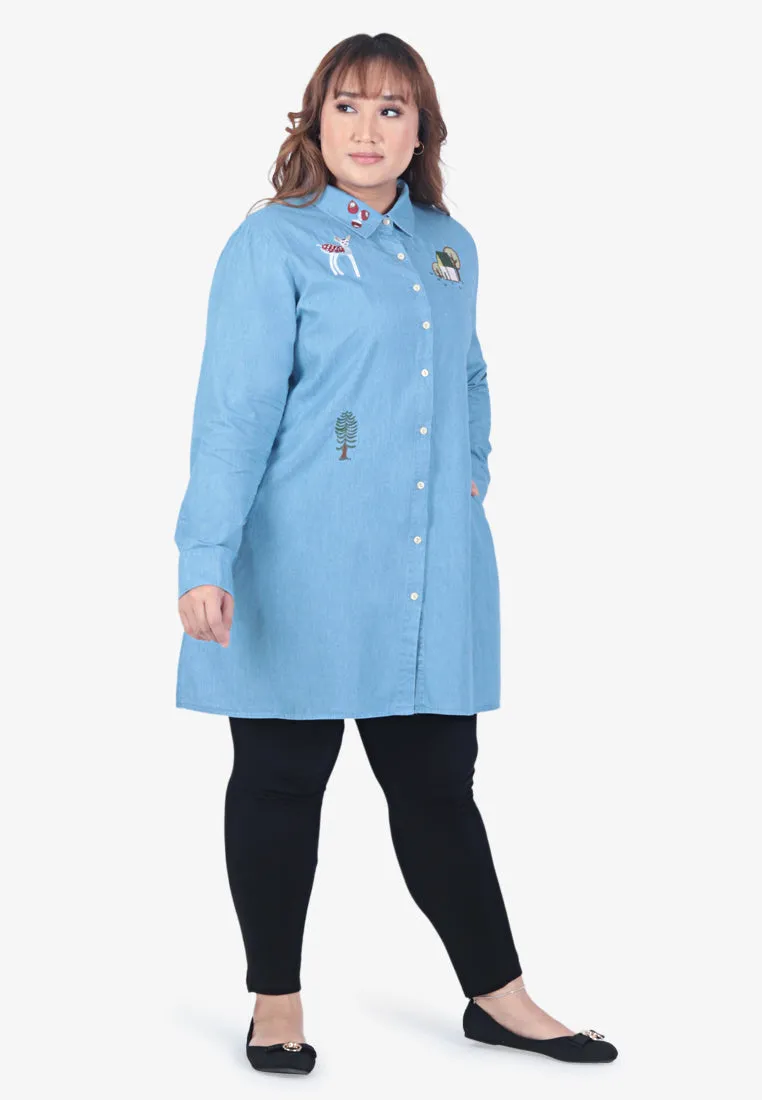 Eloise Quirky Embroidery Denim Shirt - Light Blue