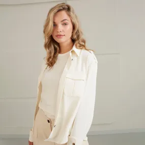 Feminine Cargo Blouse with Epaulettes - Ivory White