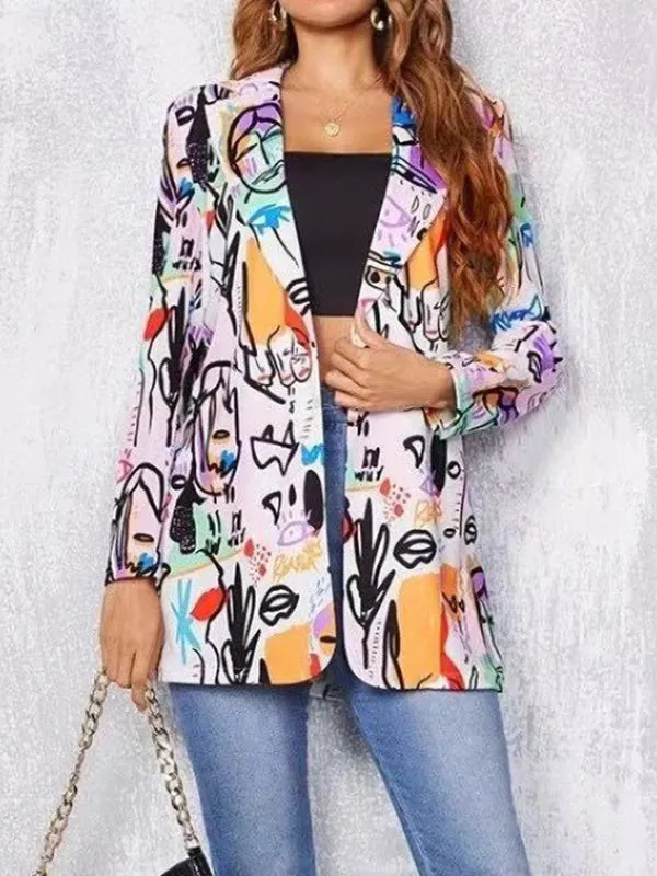 Figure Printed Long Sleeves Loose Notched Collar Outerwear