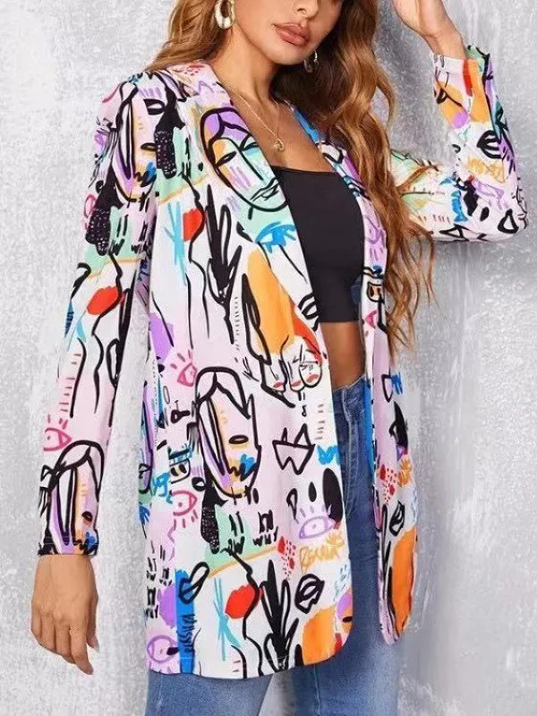 Figure Printed Long Sleeves Loose Notched Collar Outerwear