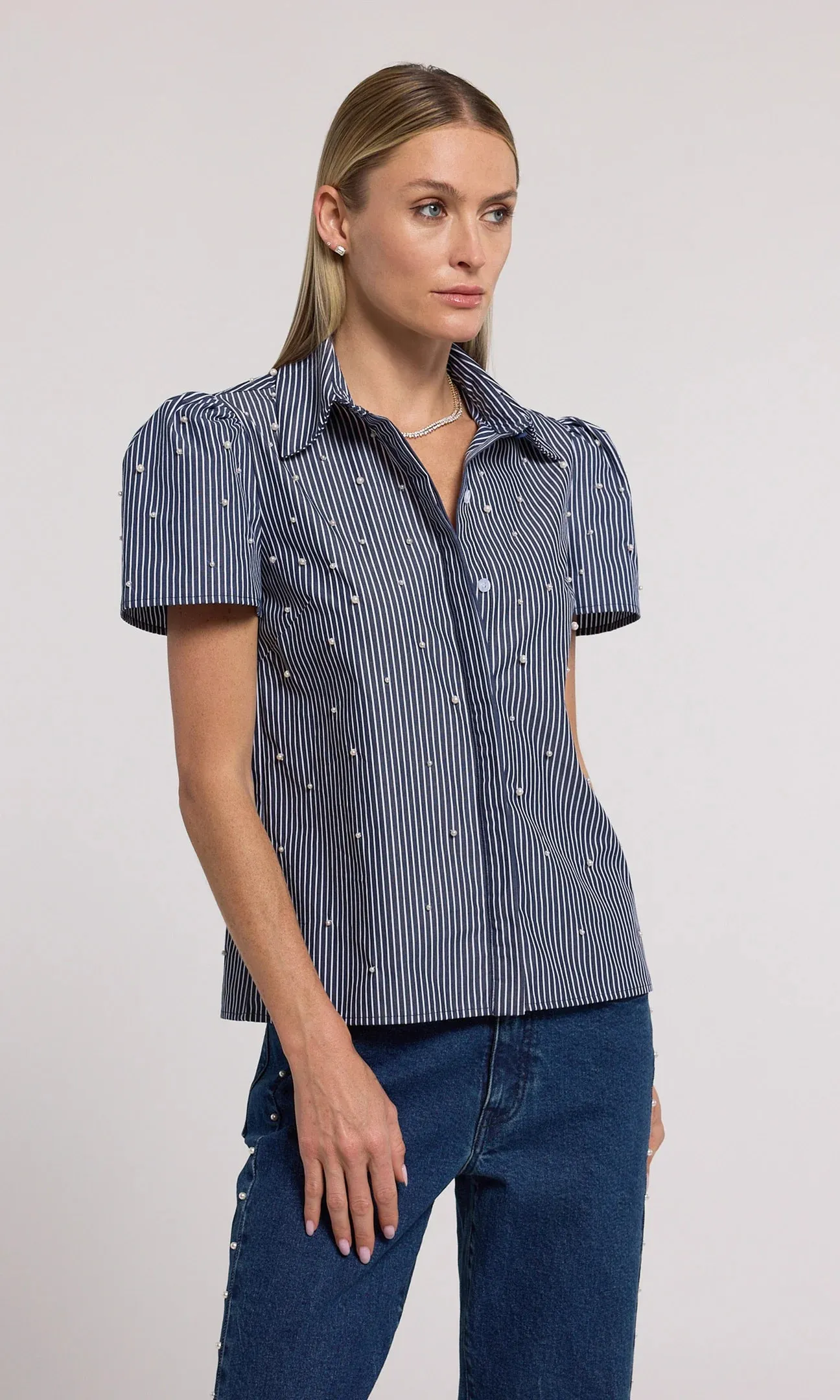 Generation Love Murphy Pearl Embellished Pinstripe Shirt Navy White