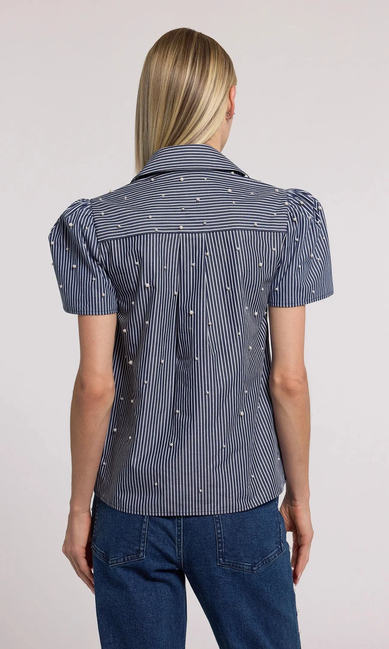 Generation Love Murphy Pearl Embellished Pinstripe Shirt Navy White