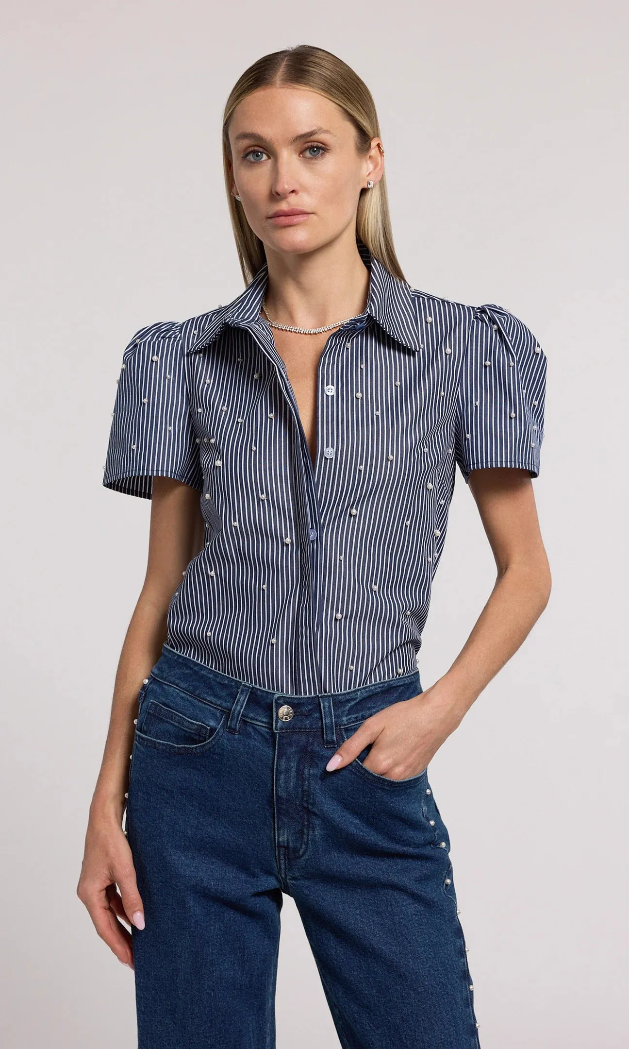 Generation Love Murphy Pearl Embellished Pinstripe Shirt Navy White