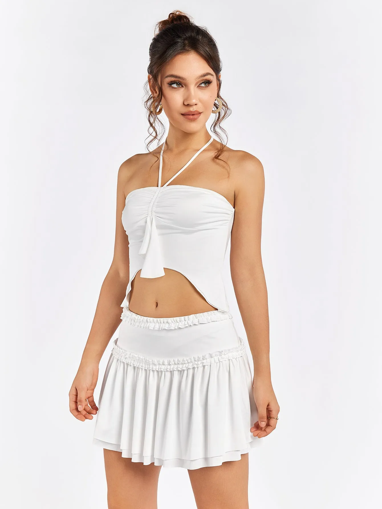 Halter Ruched Bust Asymmetrical Hem Top&Embellished Trim Tiered Skirt