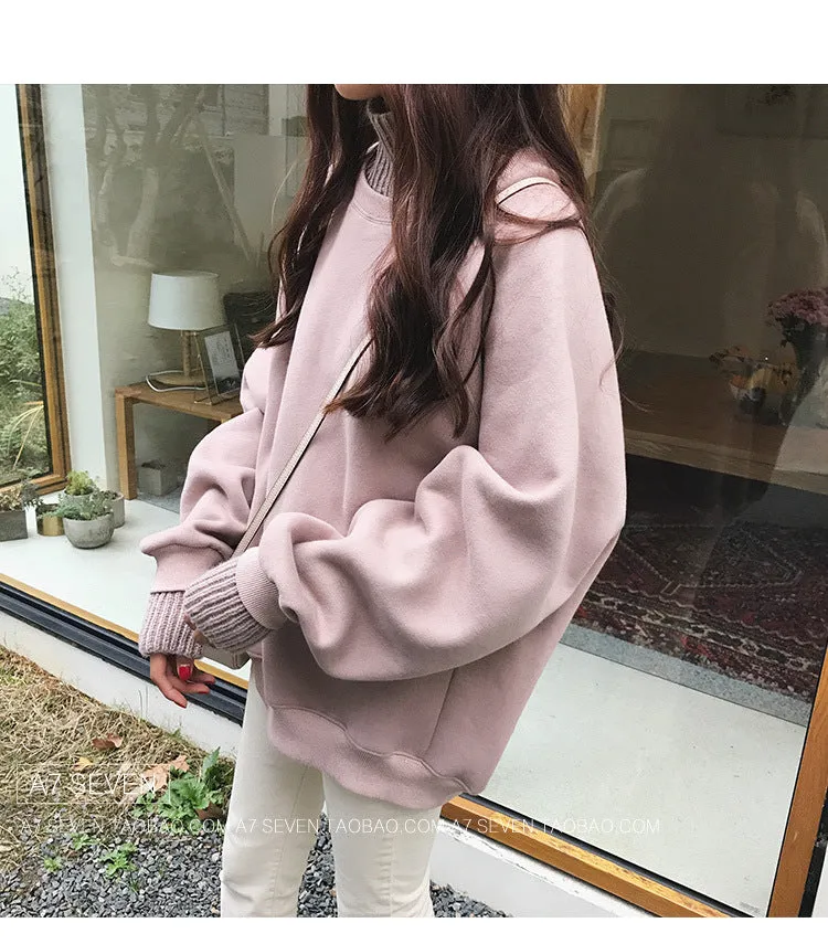 insPopular Women Thick Sweatshirt Long Sleeved High Collar False Two-Piece Sweater Outerwear