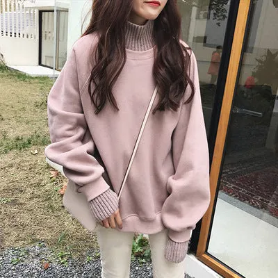 insPopular Women Thick Sweatshirt Long Sleeved High Collar False Two-Piece Sweater Outerwear