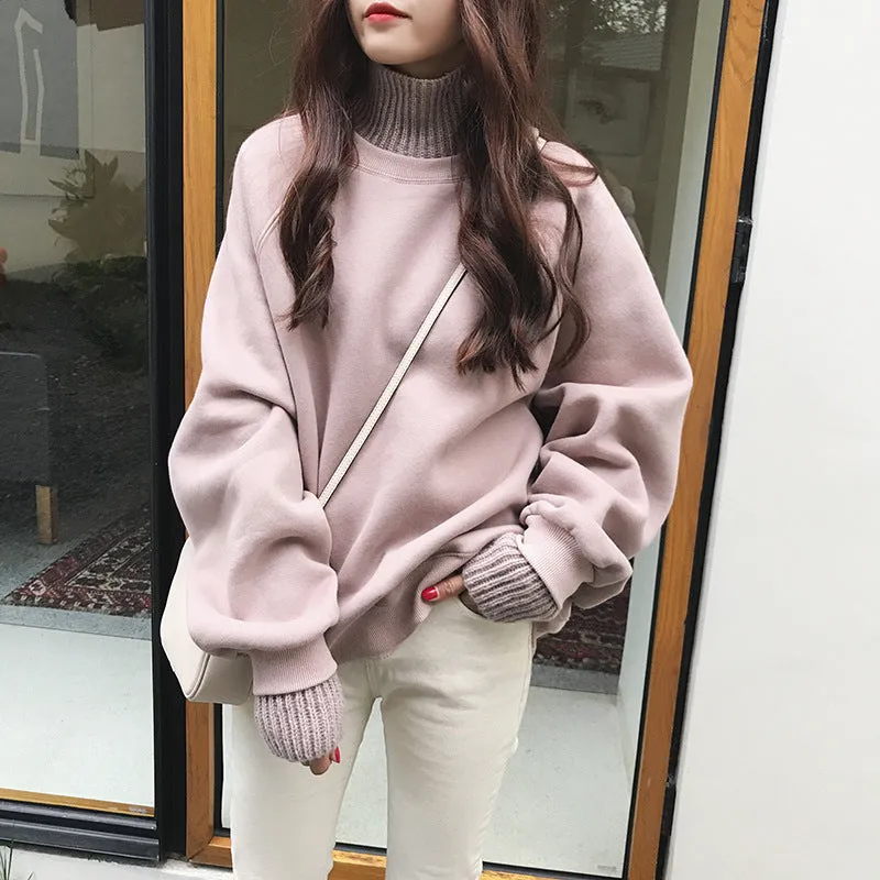 insPopular Women Thick Sweatshirt Long Sleeved High Collar False Two-Piece Sweater Outerwear