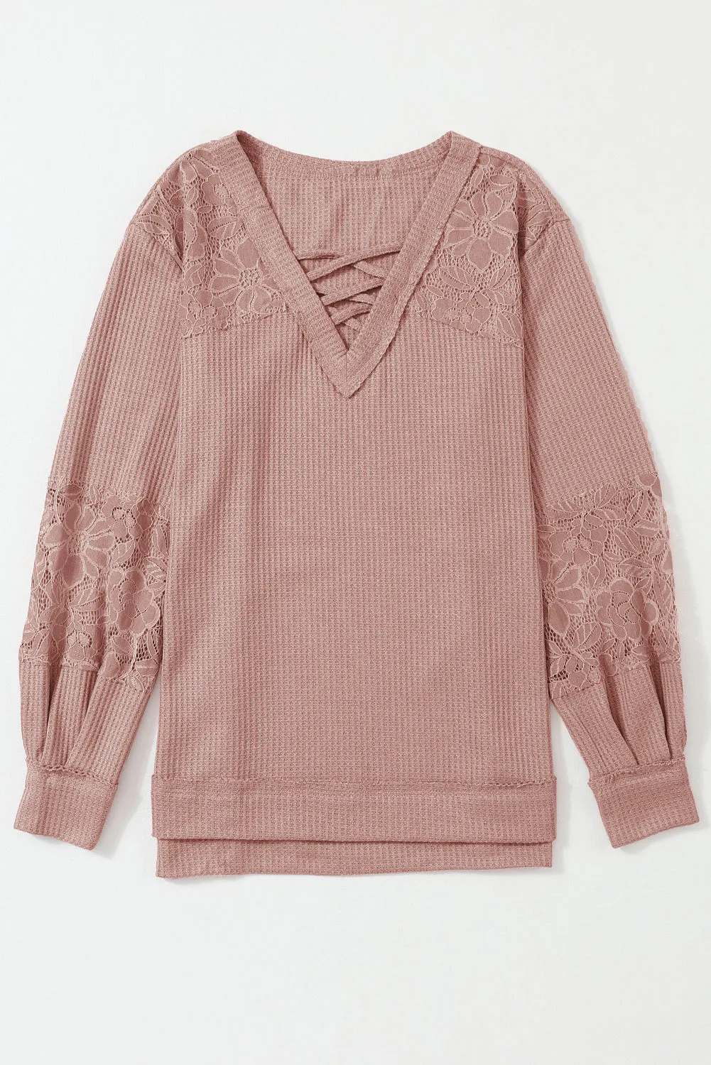 Lace Waffle V Neck Long Sleeve Top