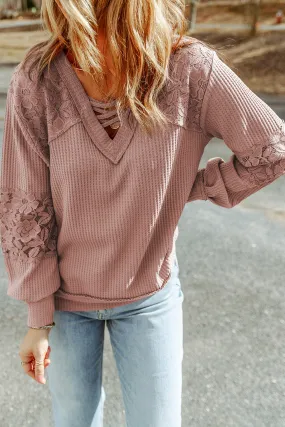 Lace Waffle V Neck Long Sleeve Top